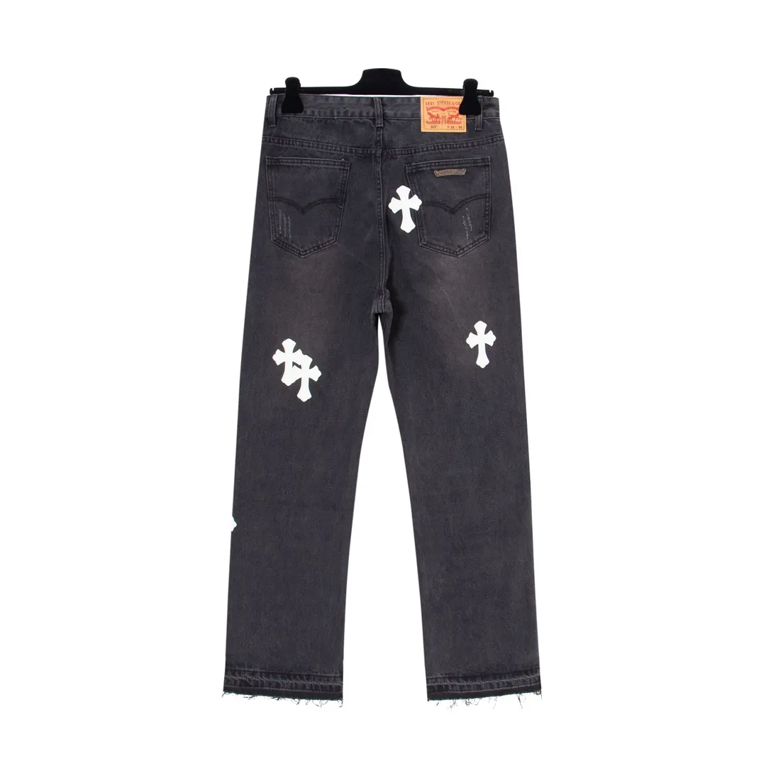 P206 [Next day] Chrome Heart Cross patch leather jeans Top heavy washing process Calf leather laser cut cross Distressed silver hardware Straight version of the upper body slimming High-end quality distinguishes the market currency Color: black and white Size: S M L XL Detailed size can be found in picture 9